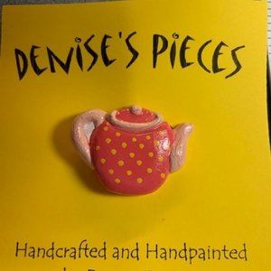 Tea Pot Pin Brooch Coral Peach Polka Dot Plaster Handmade Hand Painted